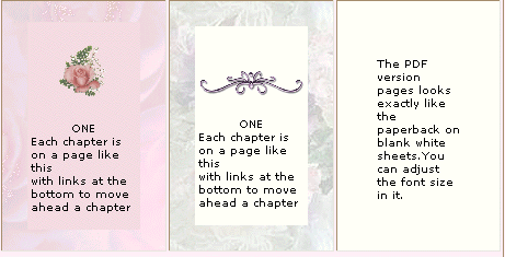 Three styles to choose from for the e-book, Ruthe's Secret Roses; with muted pink roses in the background, with a floral background, and with the plain white of the PDF version.